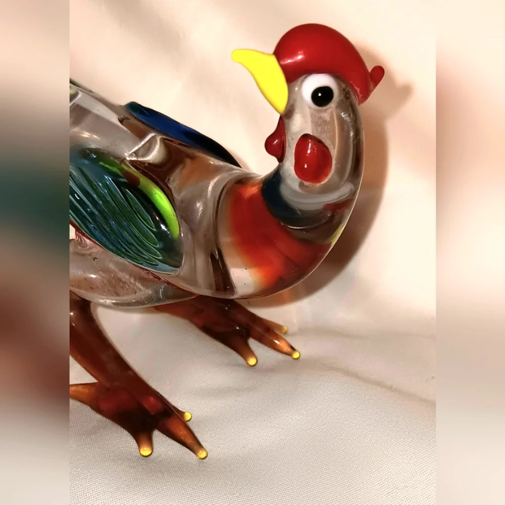 Set Of 2 Handblown Glass Bird Chicken Figure Multi Color Rooster Exotic Bird